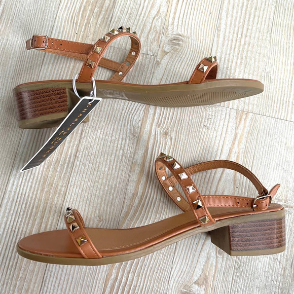 Charles Albert Cassie Studded Block Heel Sandals | Brown Size 8 - Picture 2 of 8